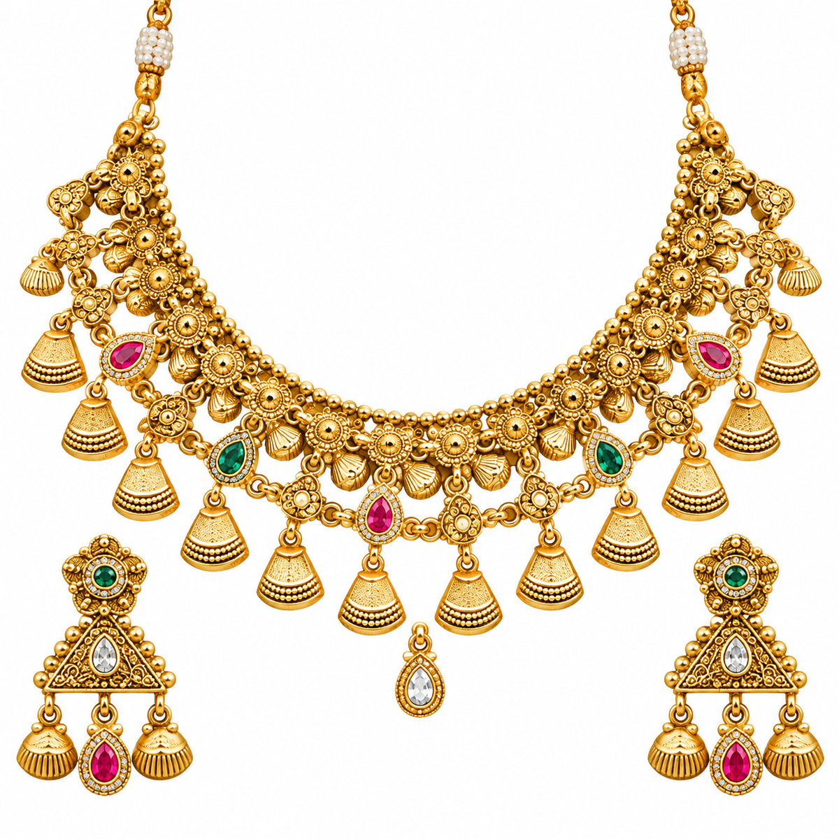 Women’s Traditional Gold Tone Pink & Green Stone Necklace Set with Matching Earrings | YLOCART