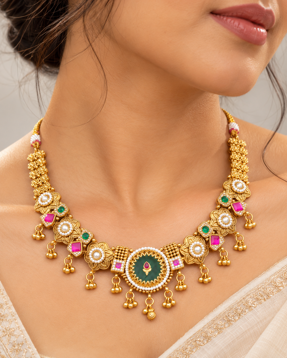 Women’s Traditional Gold Plated Green & Pink Stone Necklace Set with Matching Earrings | YLOCART