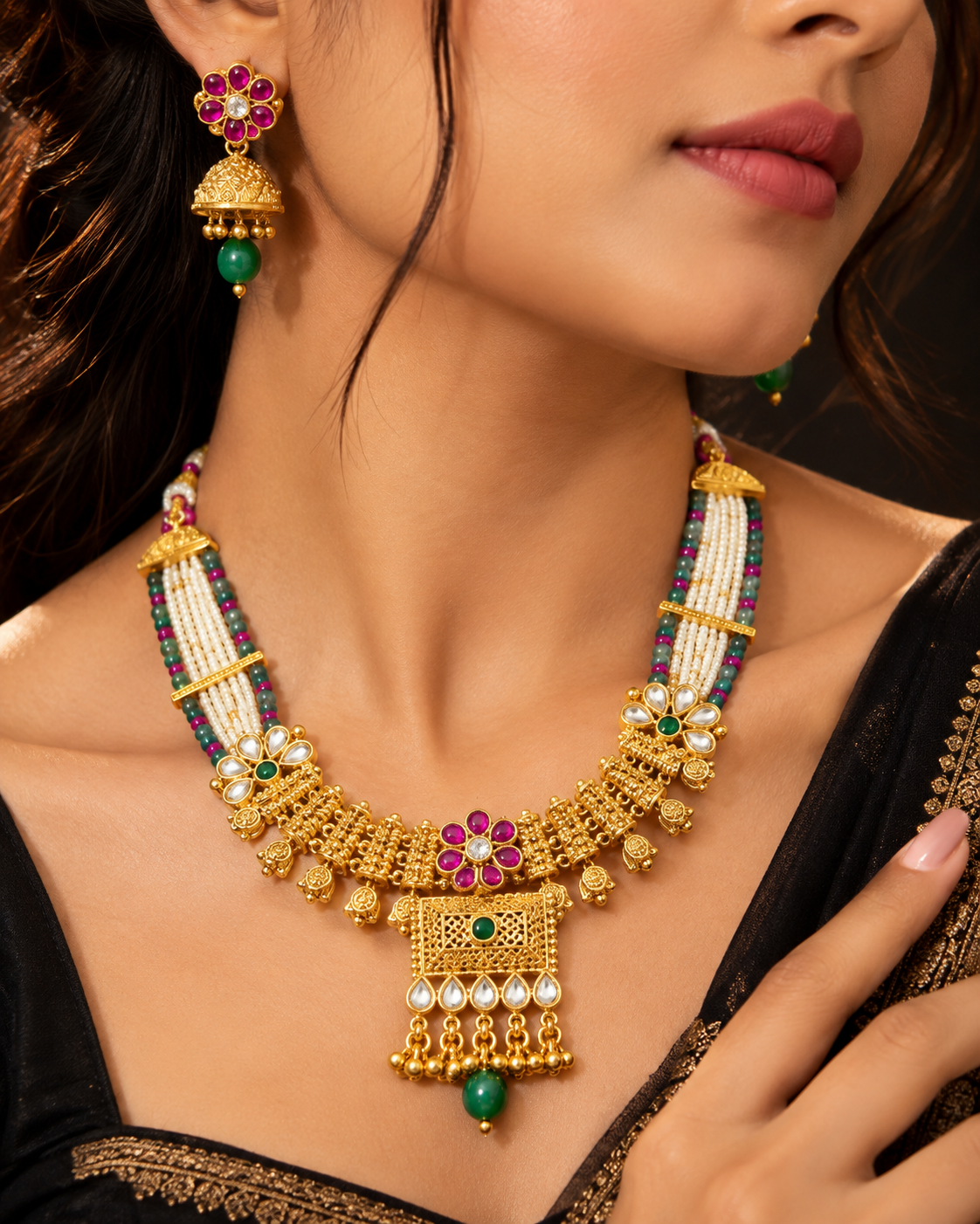 Traditional Pearl Necklace Set with Green Pink Stones and Jhumka Earrings for Women