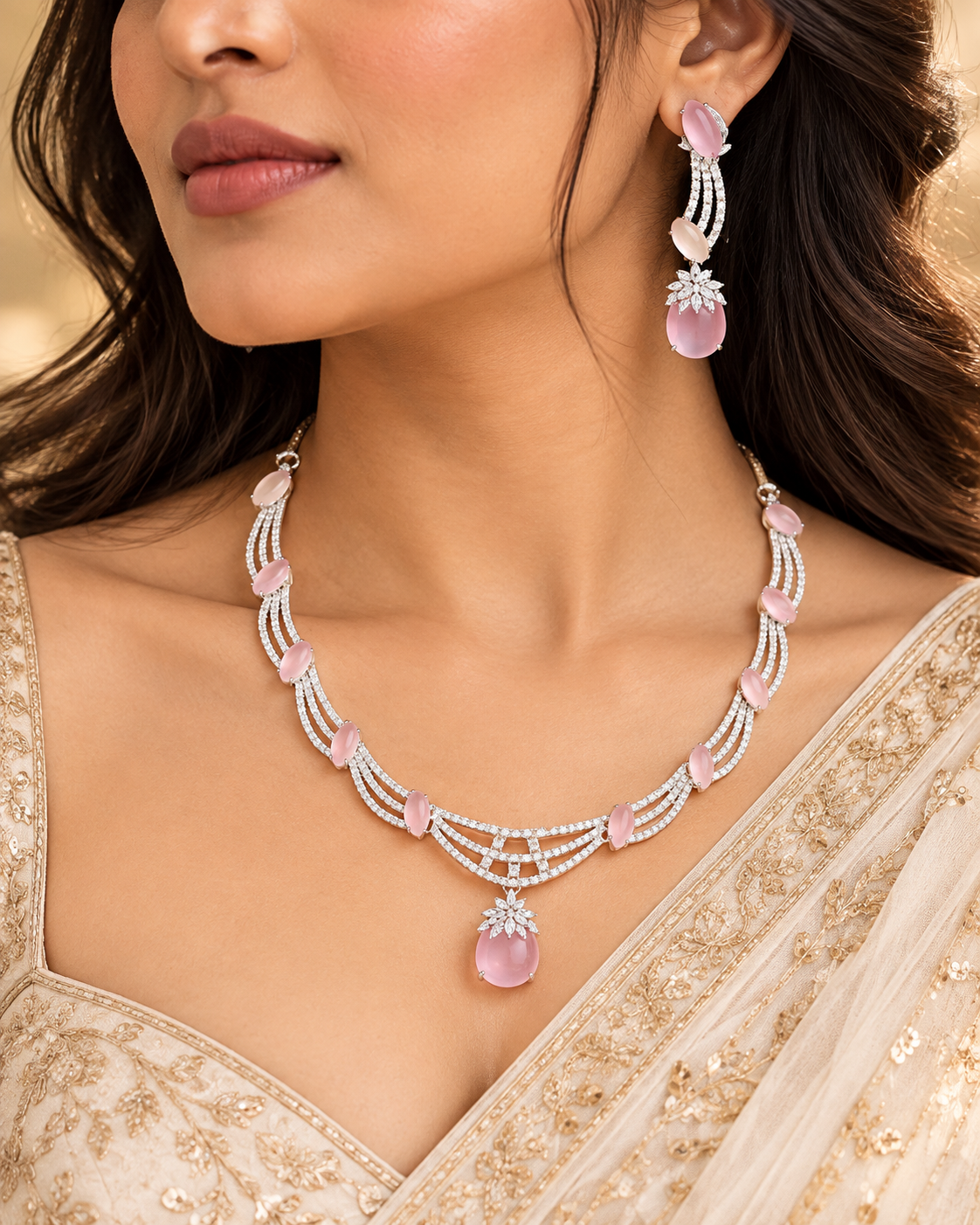 Women’s Silver Tone Pink Stone Necklace Set with Matching Earrings | YLOCART
