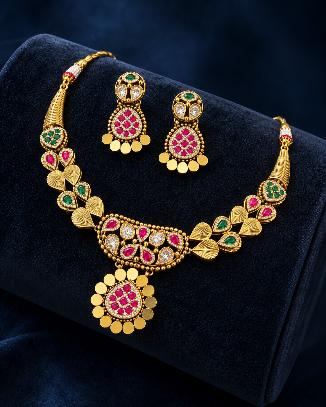Women’s Gold Plated Pink & Green Stone Necklace Set with Matching Earrings | YLOCART