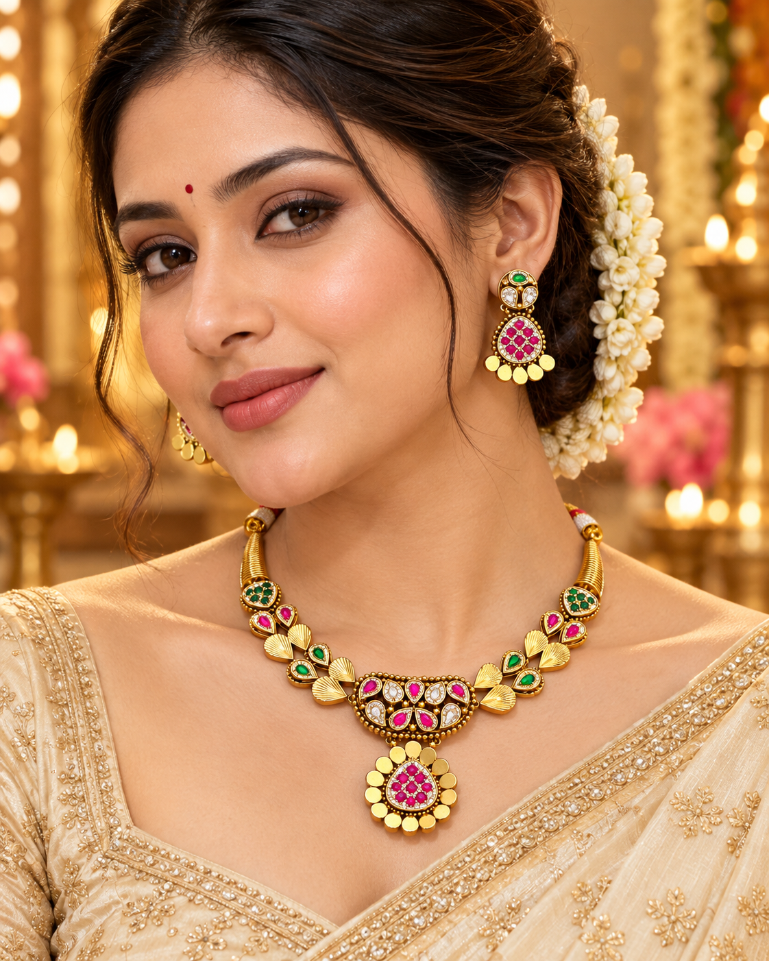 Women’s Gold Plated Pink & Green Stone Necklace Set with Matching Earrings | YLOCART