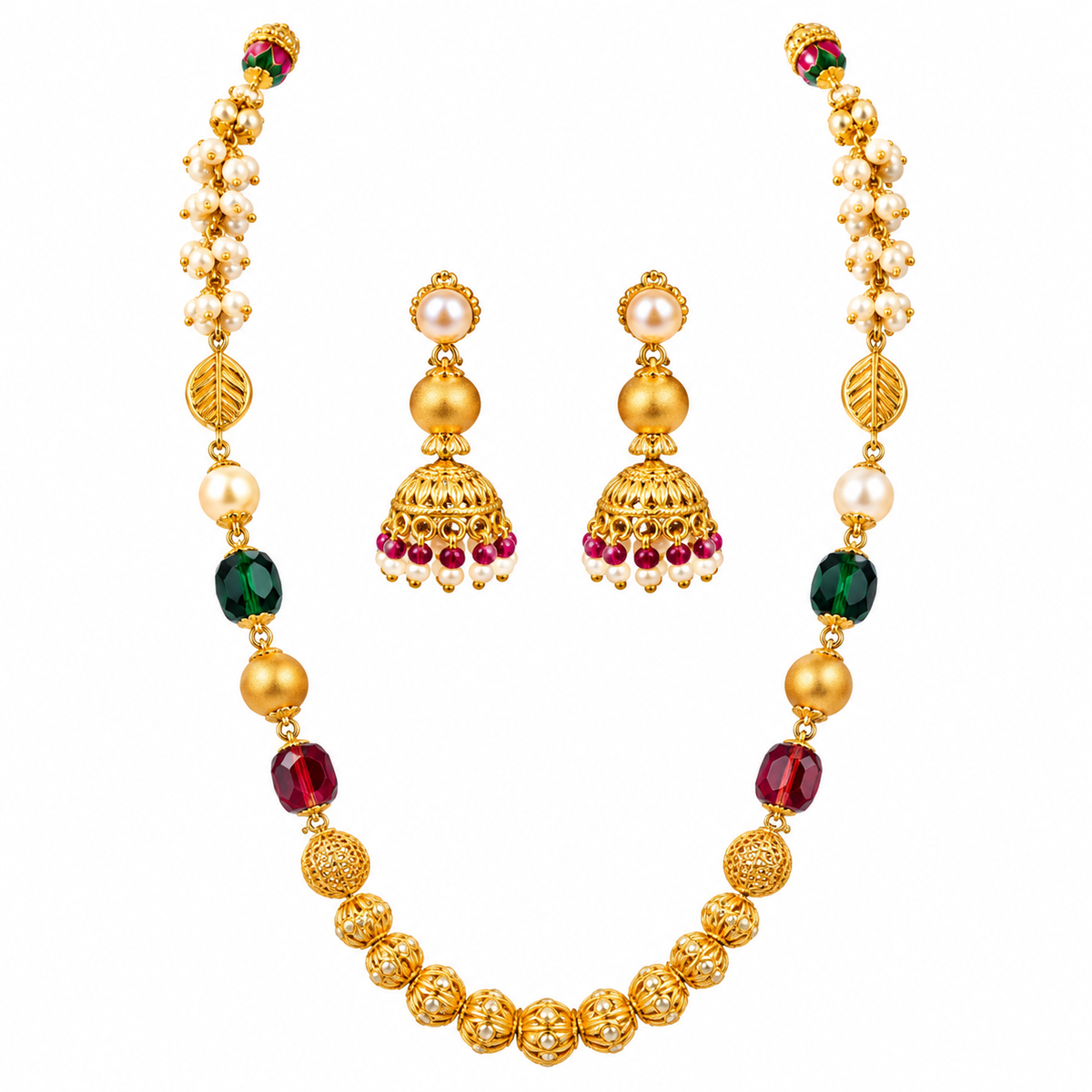 Traditional Long Beaded Necklace Set with Pearl Beads and Matching Jhumka Earrings for Women