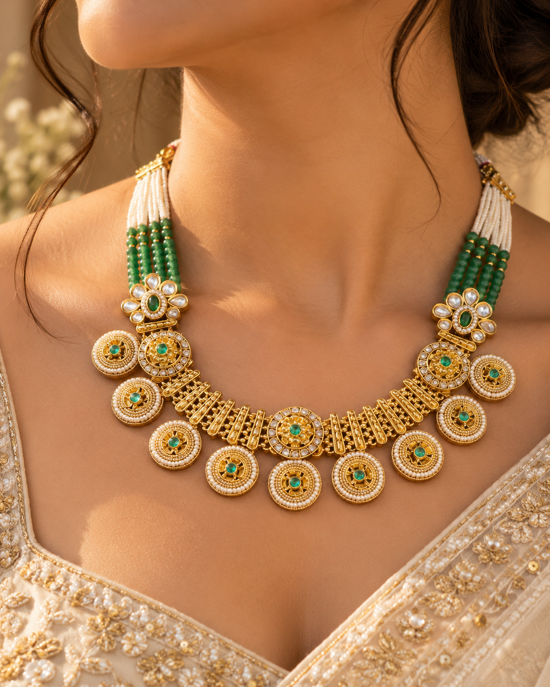 Traditional Gold Plated Green Stone Pearl Necklace Set with Matching Earrings