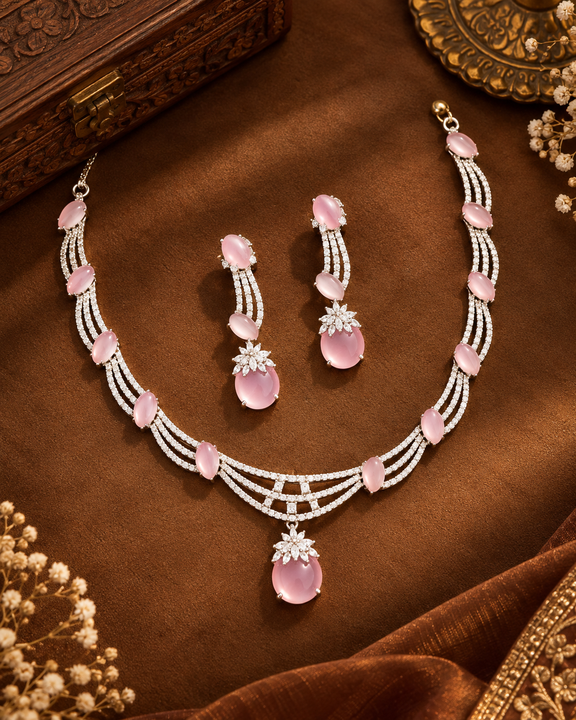Women’s Silver Tone Pink Stone Necklace Set with Matching Earrings | YLOCART
