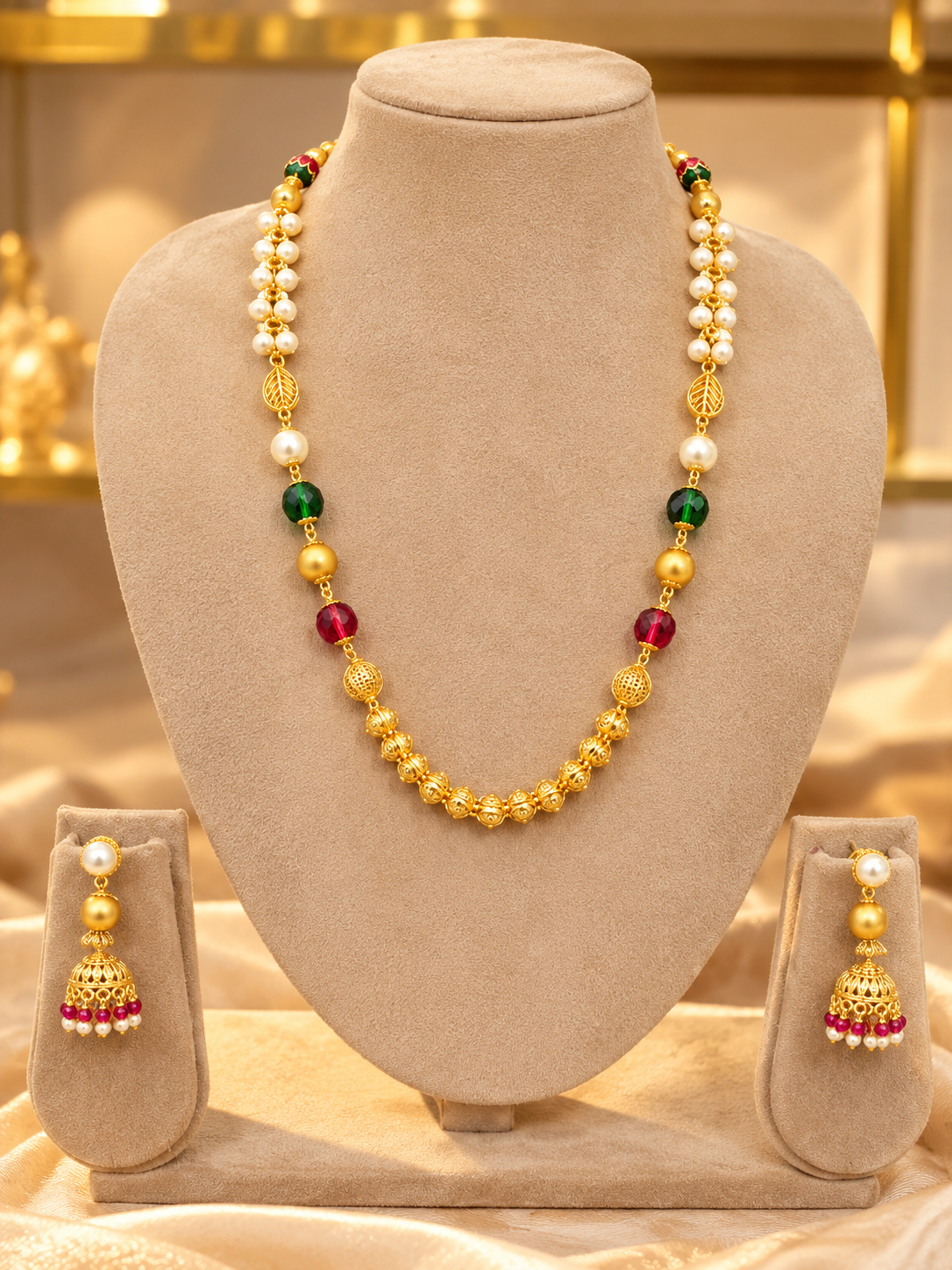 Traditional Long Beaded Necklace Set with Pearl Beads and Matching Jhumka Earrings for Women