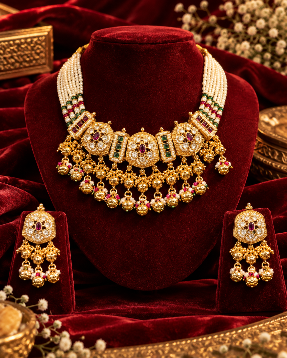 Traditional Gold Tone Pearl Necklace Set with Green and Ruby Pink Stones for Women