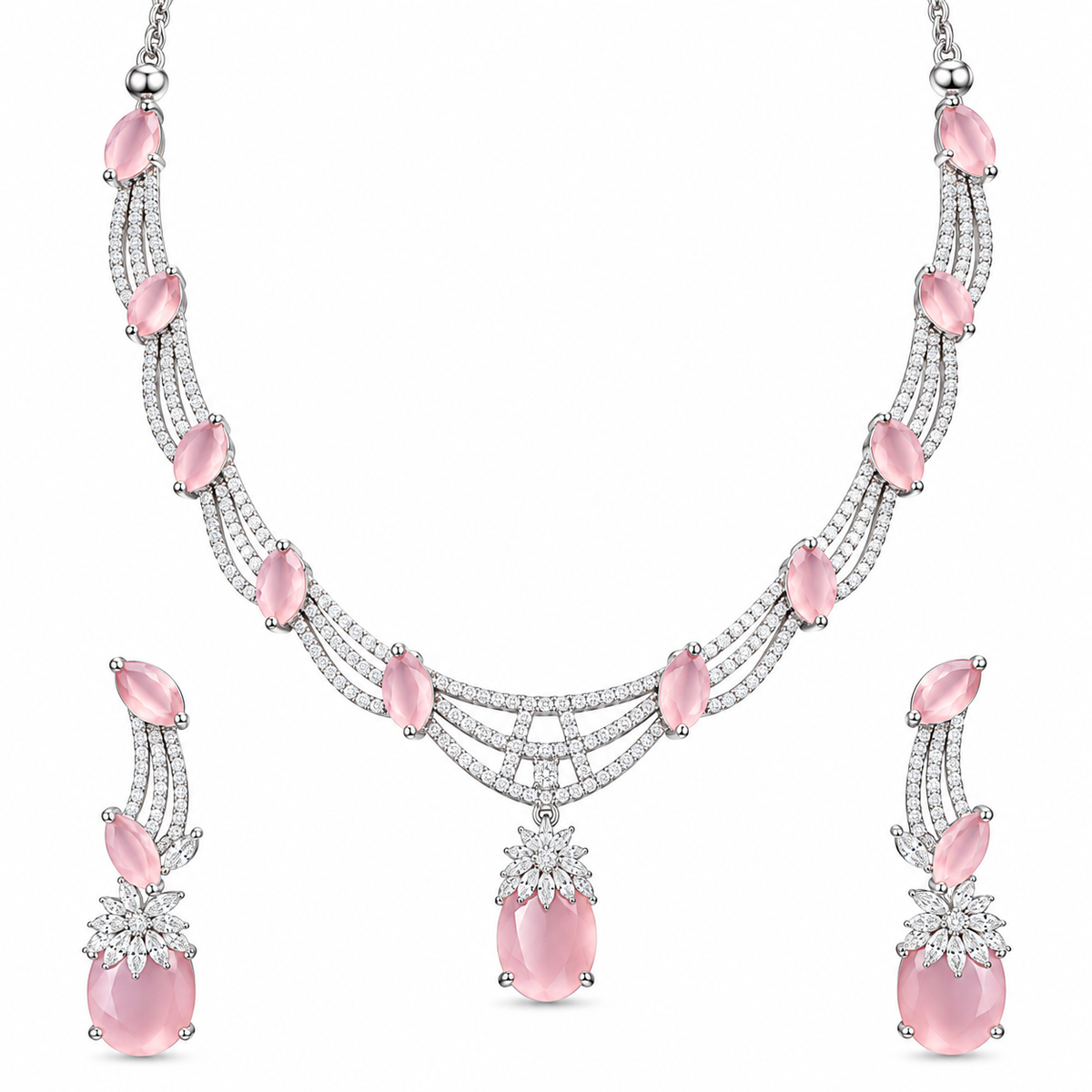 Women’s Silver Tone Pink Stone Necklace Set with Matching Earrings | YLOCART