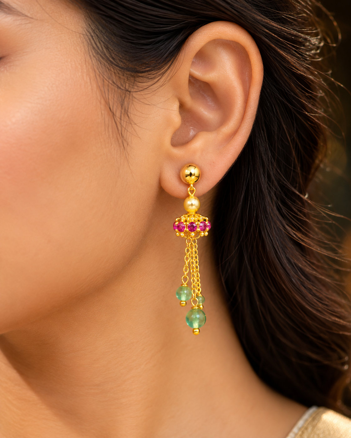 Traditional Pearl Necklace Set with Green Pink Beads and Long Drop Earrings for Women