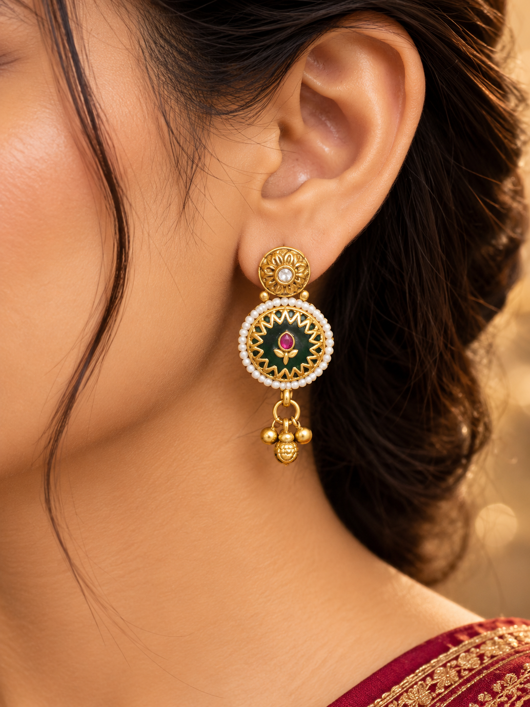 Women’s Traditional Gold Plated Green & Pink Stone Necklace Set with Matching Earrings | YLOCART
