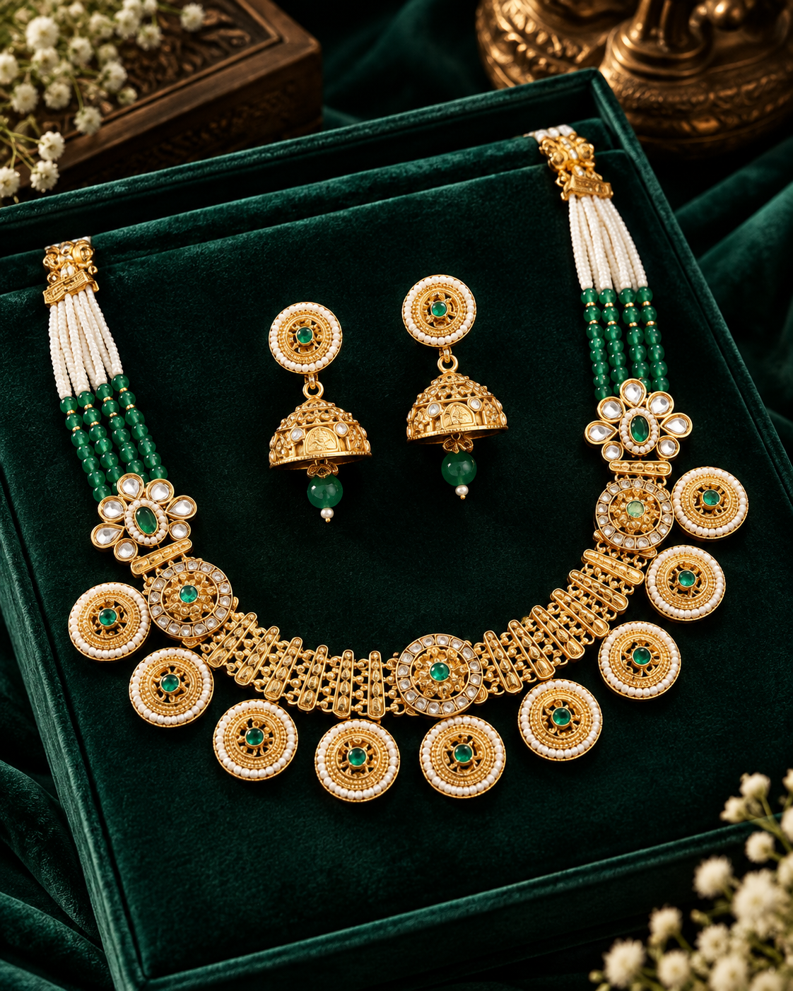 Traditional Gold Plated Green Stone Pearl Necklace Set with Matching Earrings