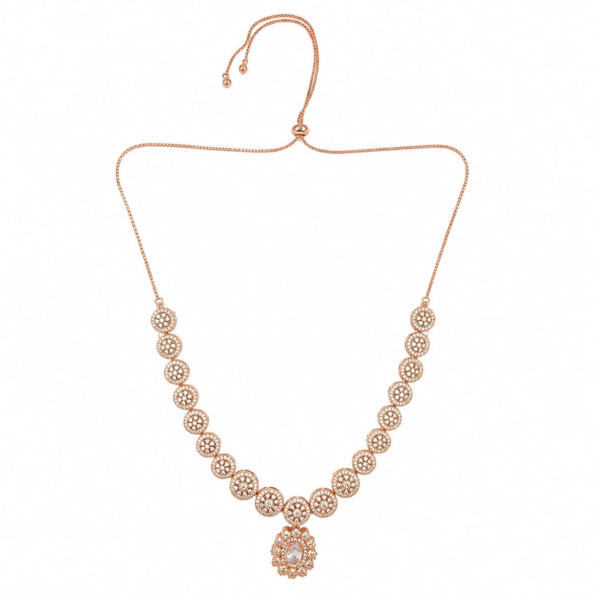Women's Rose Gold-Tone White Stone Studded Necklace & Earrings Set | Floral Pendant Adjustable Chain Jewellery Set for Wedding, Party, Festive