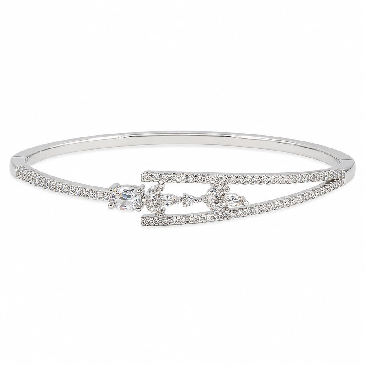 Women's Silver Tone Crystal Bangle Bracelet, Sparkling Leaf Floral Open Cuff Bracelet with Clear Stones, Fashion Jewellery for Women, Wedding Party Birthday Gift