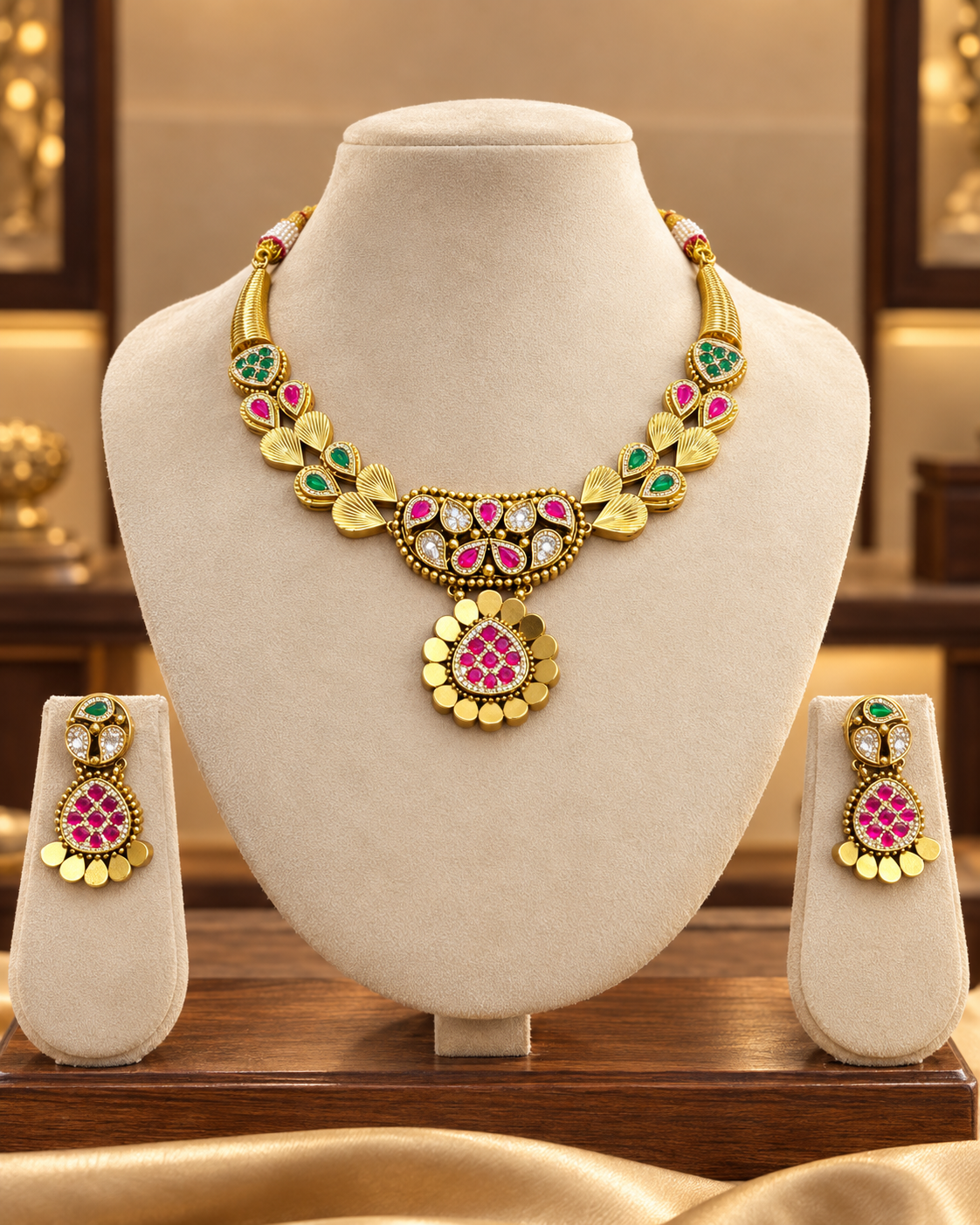 Women’s Gold Plated Pink & Green Stone Necklace Set with Matching Earrings | YLOCART
