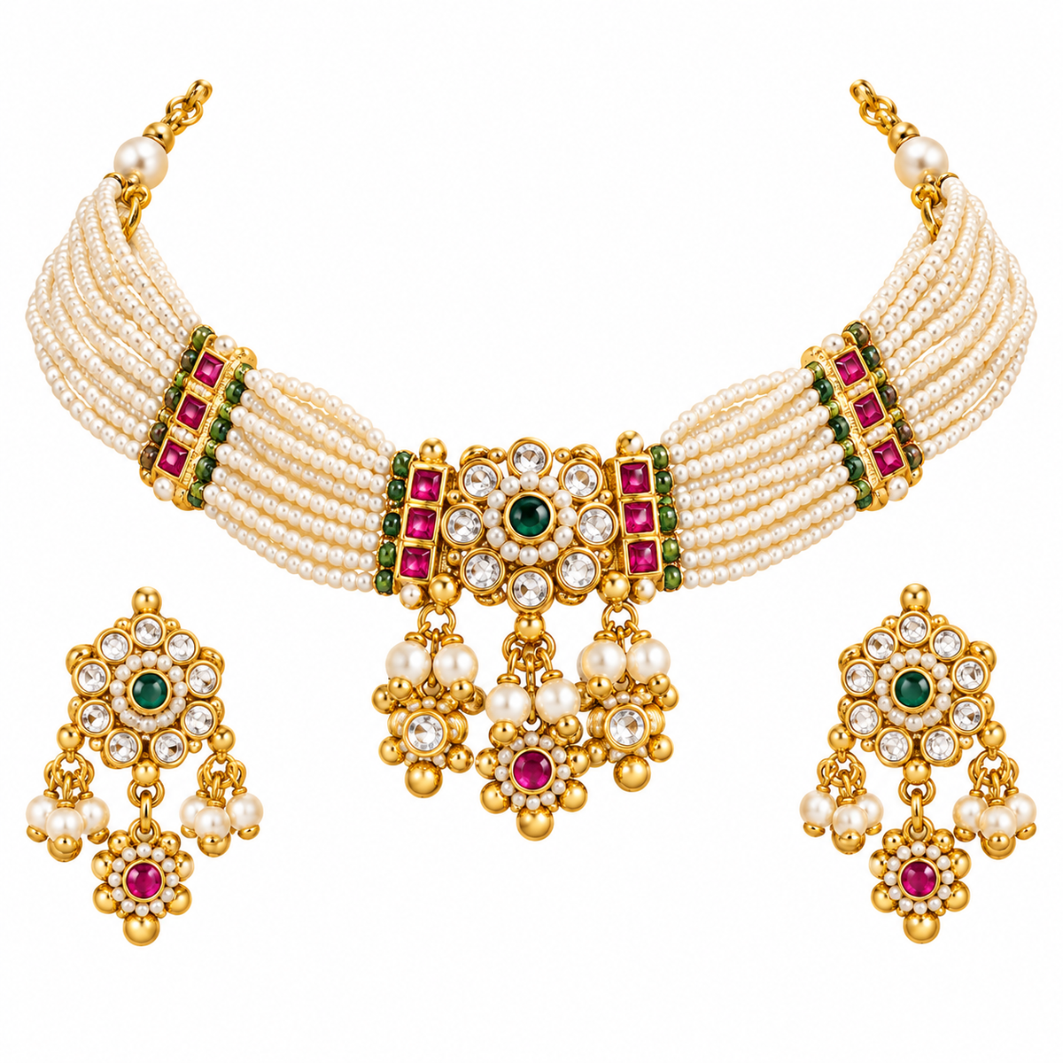 Traditional Gold Plated Pearl Necklace Set with Green and Pink Stones for Women