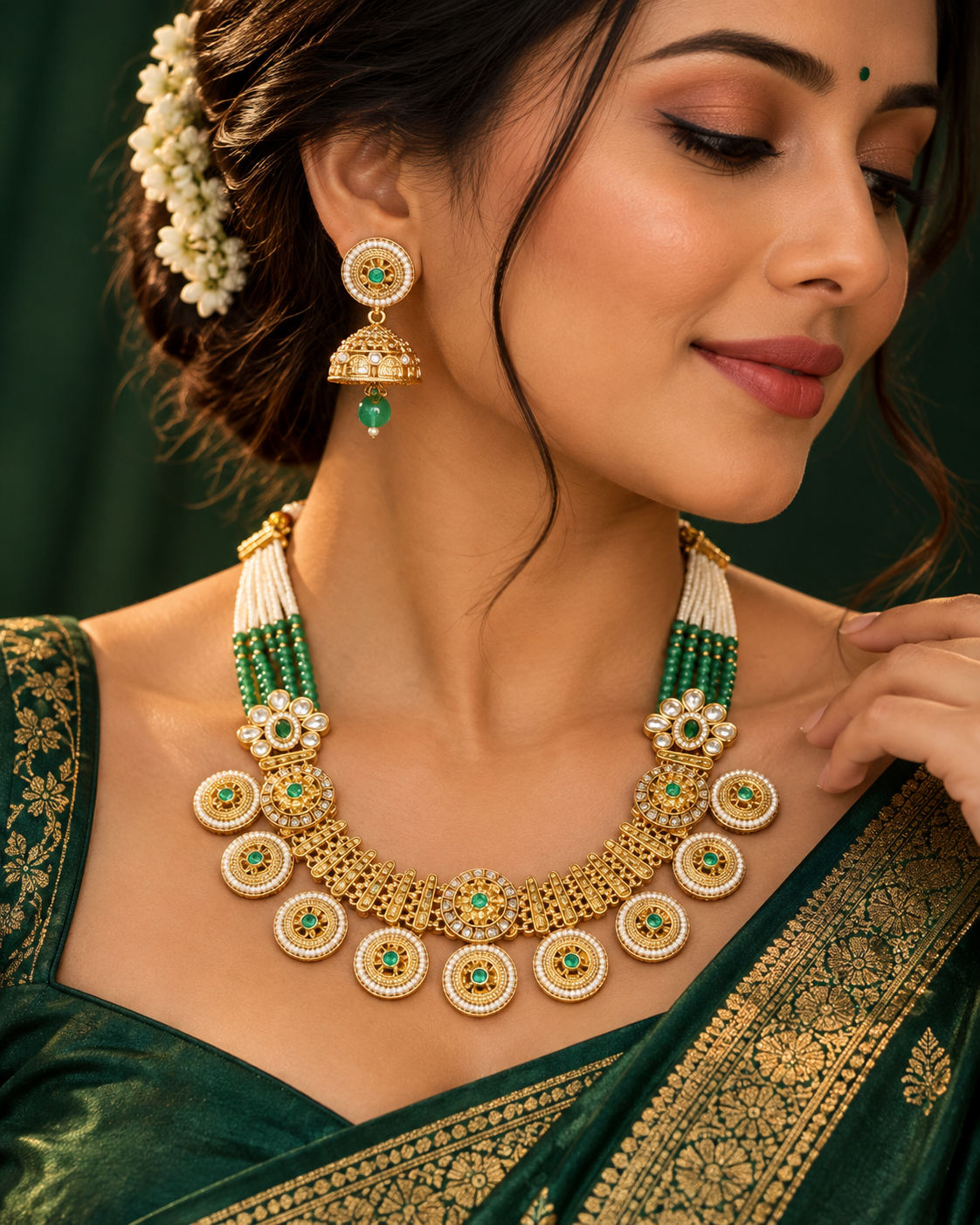 Traditional Gold Plated Green Stone Pearl Necklace Set with Matching Earrings
