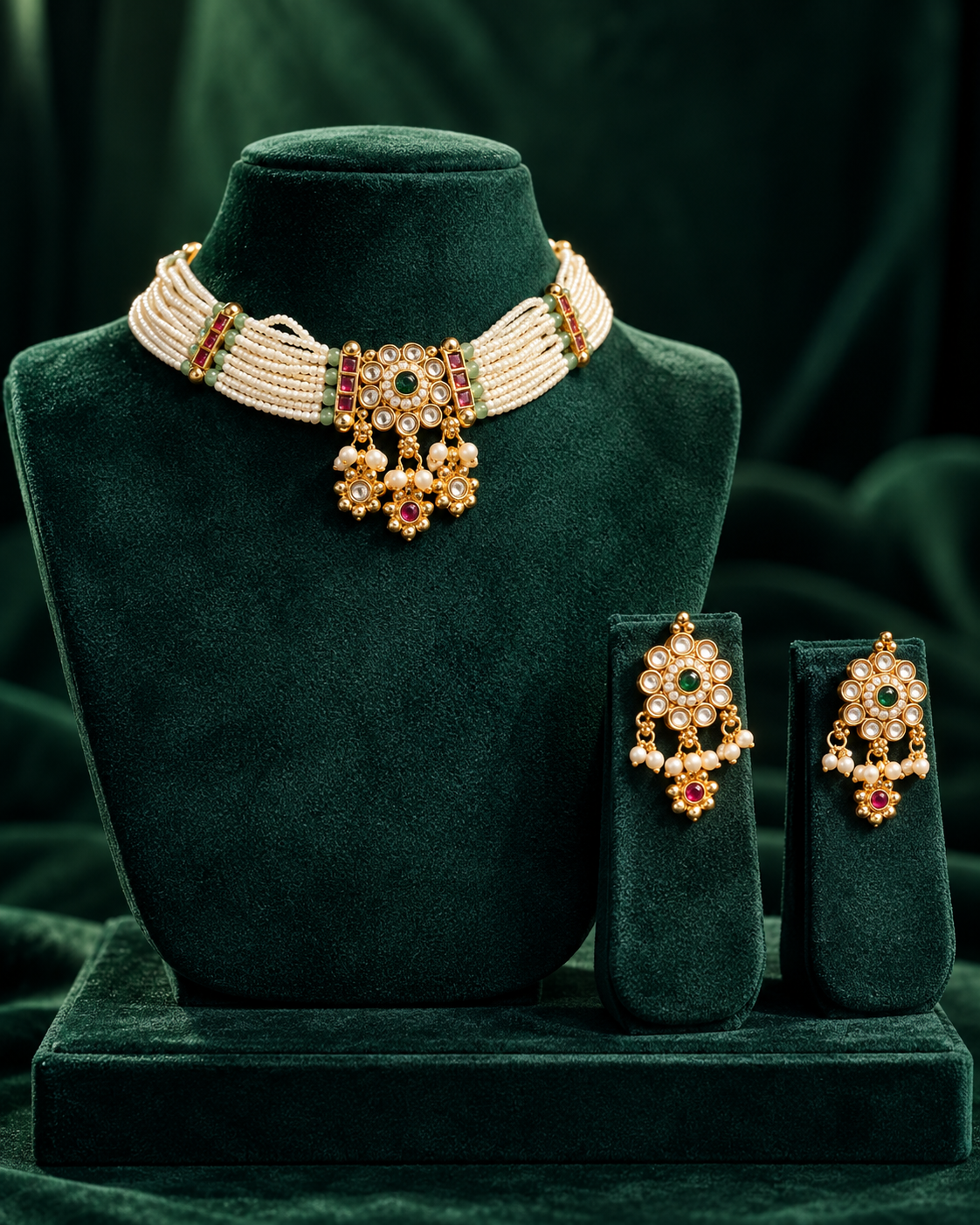 Traditional Gold Plated Pearl Necklace Set with Green and Pink Stones for Women