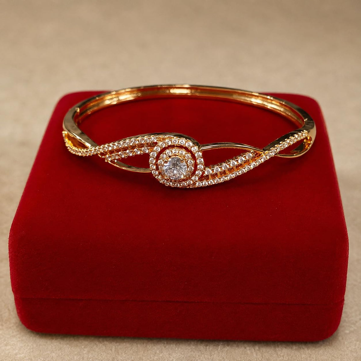 Women's Gold Tone Crystal Bangle Bracelet, Elegant Stone Studded Twisted Infinity Cuff Bracelet with Round Centre Stone, Fashion Jewellery Gift for Women