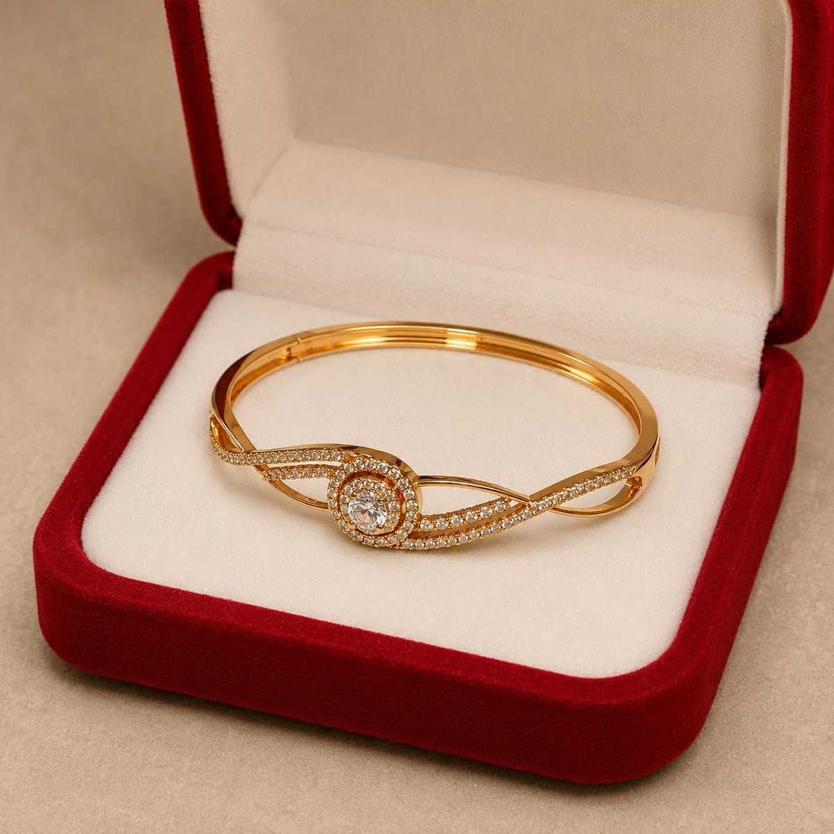 Women's Gold Tone Crystal Bangle Bracelet, Elegant Stone Studded Twisted Infinity Cuff Bracelet with Round Centre Stone, Fashion Jewellery Gift for Women