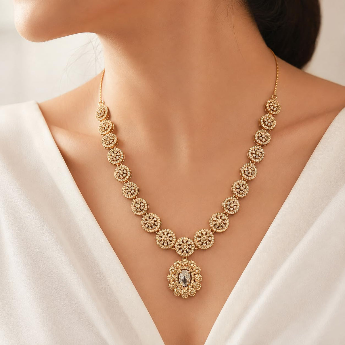Women's Rose Gold-Tone White Stone Studded Necklace & Earrings Set | Floral Pendant Adjustable Chain Jewellery Set for Wedding, Party, Festive