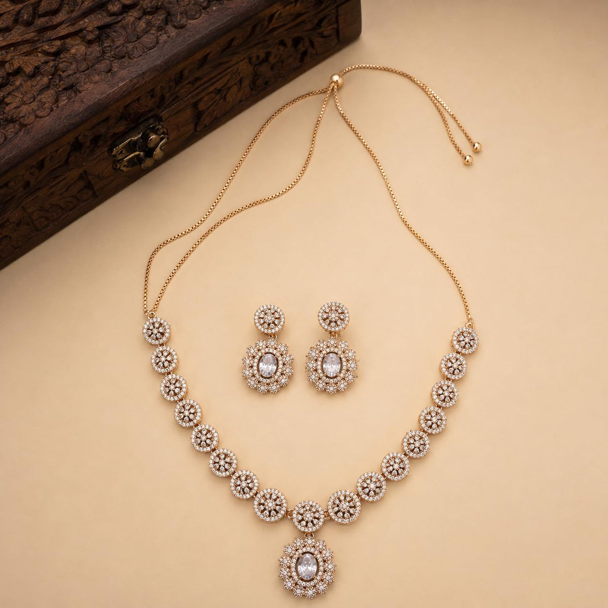 Women's Rose Gold-Tone White Stone Studded Necklace & Earrings Set | Floral Pendant Adjustable Chain Jewellery Set for Wedding, Party, Festive