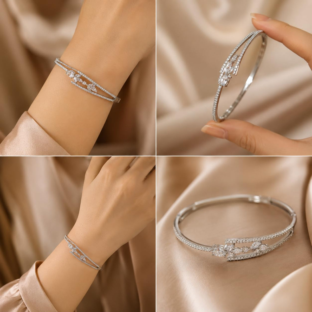 Women's Silver Tone Crystal Bangle Bracelet, Sparkling Leaf Floral Open Cuff Bracelet with Clear Stones, Fashion Jewellery for Women, Wedding Party Birthday Gift