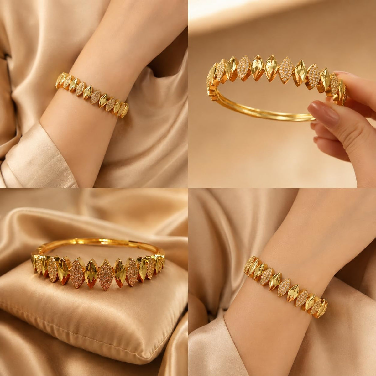 Women’s Gold Tone Stone Studded Bangle Bracelet, Elegant Marquise Leaf Design Fashion Cuff Bracelet with Crystal Detailing, Function Wear Jewellery Gift for Women