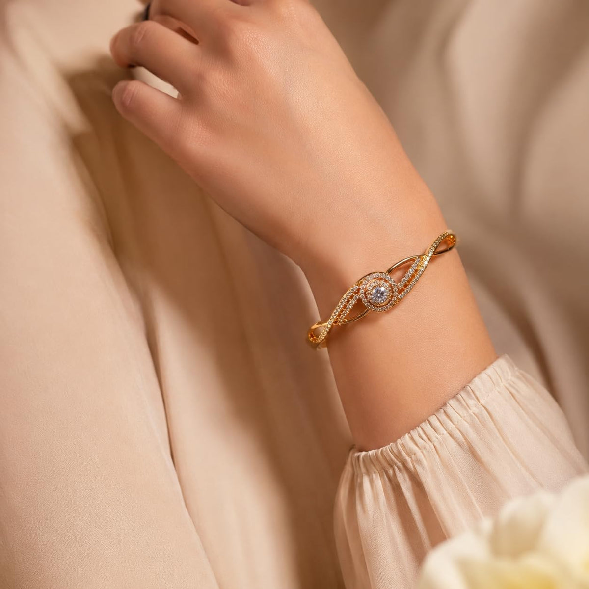 Women's Gold Tone Crystal Bangle Bracelet, Elegant Stone Studded Twisted Infinity Cuff Bracelet with Round Centre Stone, Fashion Jewellery Gift for Women
