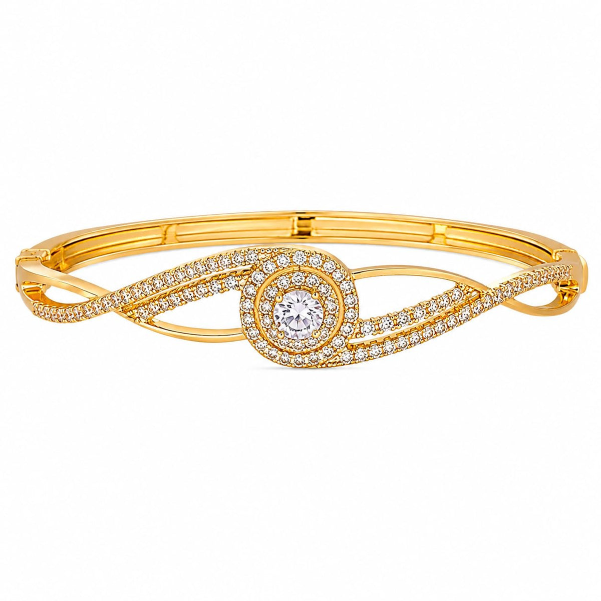 Women's Gold Tone Crystal Bangle Bracelet, Elegant Stone Studded Twisted Infinity Cuff Bracelet with Round Centre Stone, Fashion Jewellery Gift for Women