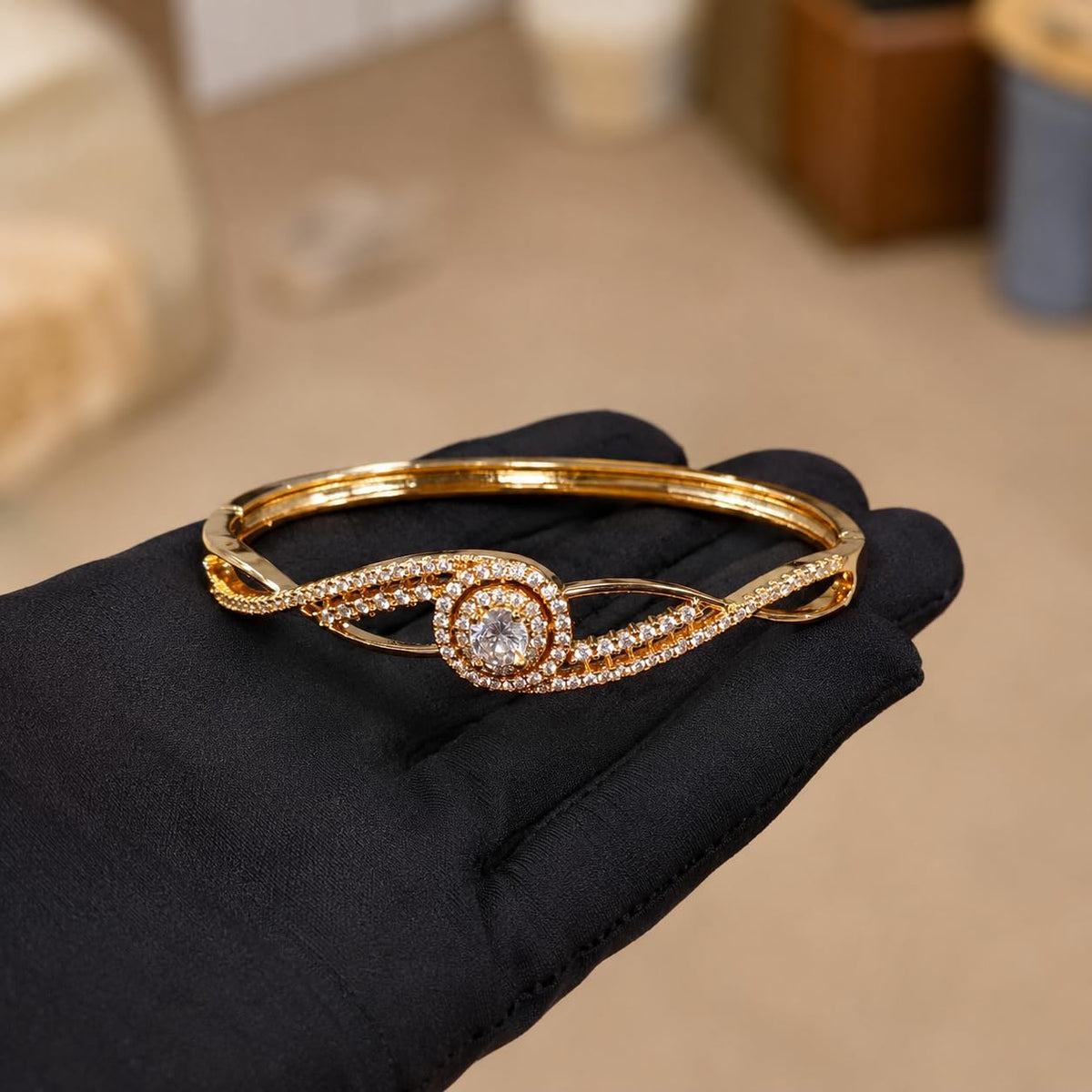Women's Gold Tone Crystal Bangle Bracelet, Elegant Stone Studded Twisted Infinity Cuff Bracelet with Round Centre Stone, Fashion Jewellery Gift for Women