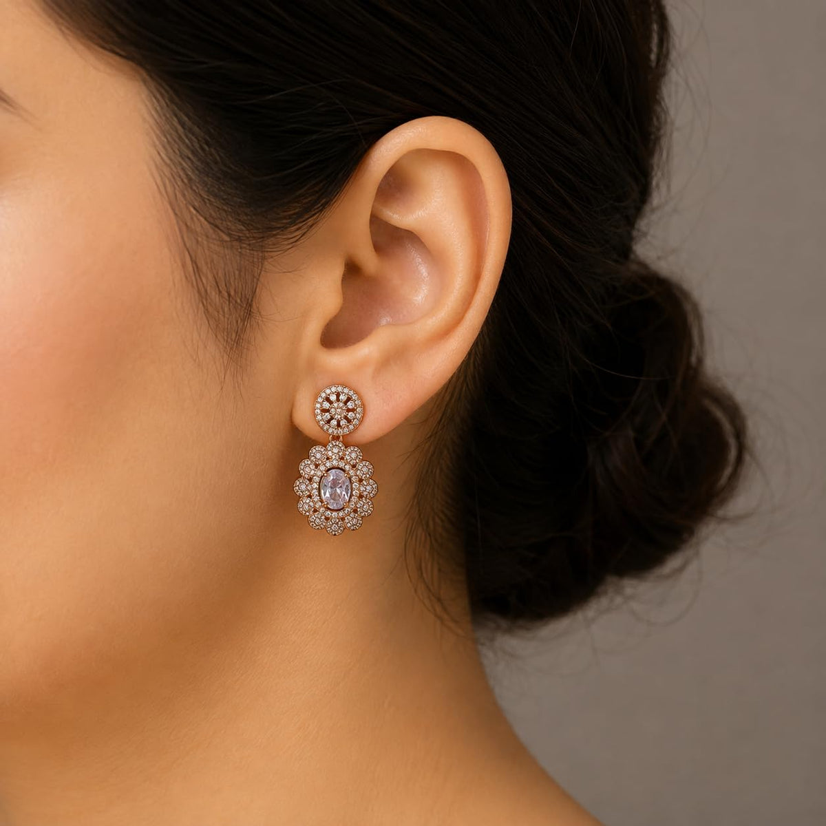 Women's Rose Gold-Tone White Stone Studded Necklace & Earrings Set | Floral Pendant Adjustable Chain Jewellery Set for Wedding, Party, Festive