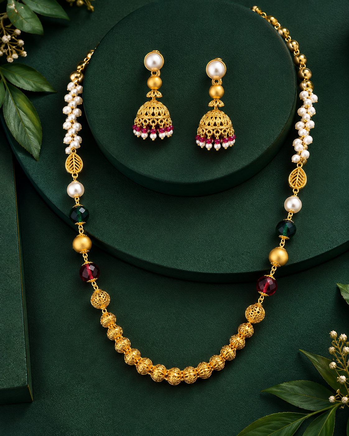 Traditional Long Beaded Necklace Set with Pearl Beads and Matching Jhumka Earrings for Women