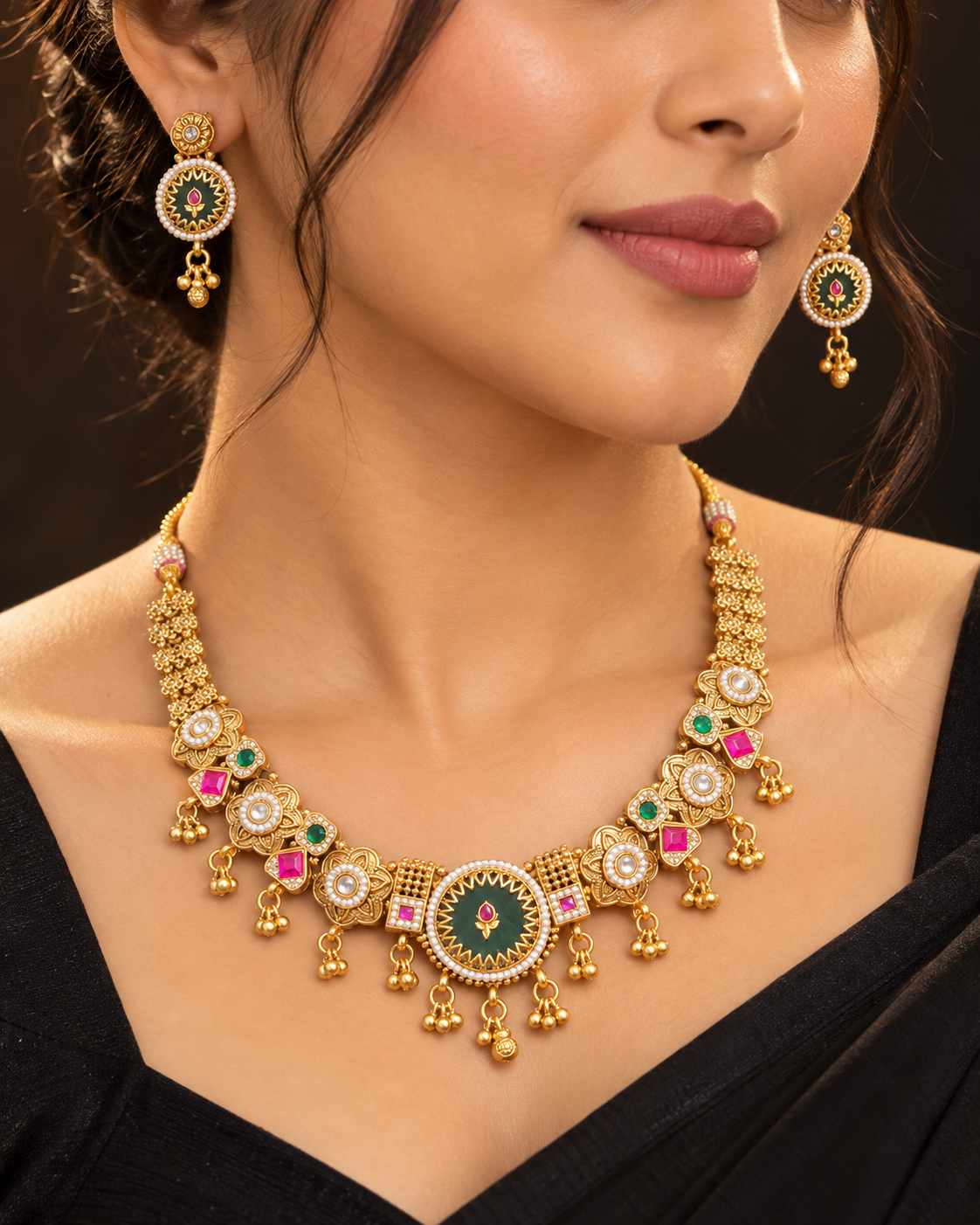 Women’s Traditional Gold Plated Green & Pink Stone Necklace Set with Matching Earrings | YLOCART