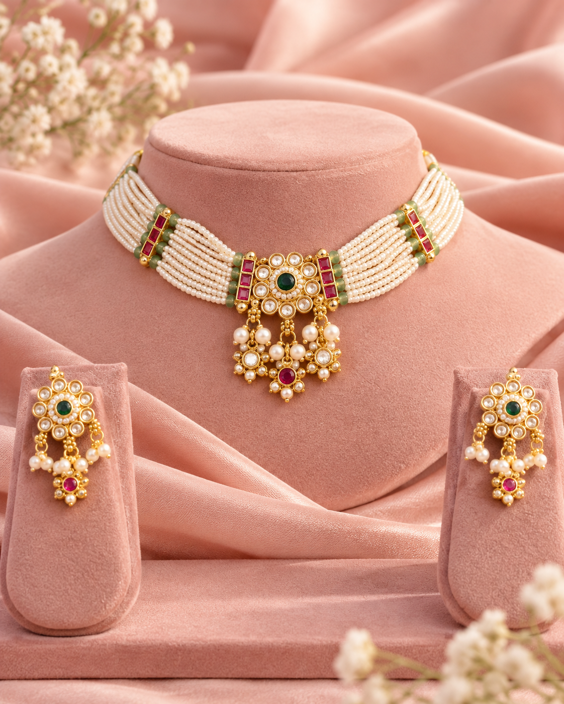 Traditional Gold Plated Pearl Necklace Set with Green and Pink Stones for Women
