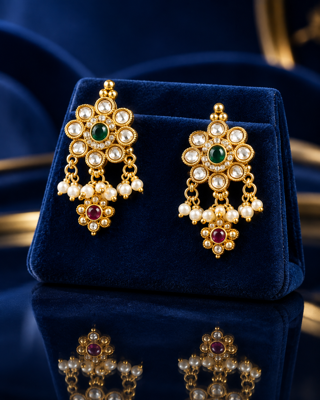 Traditional Gold Plated Pearl Necklace Set with Green and Pink Stones for Women