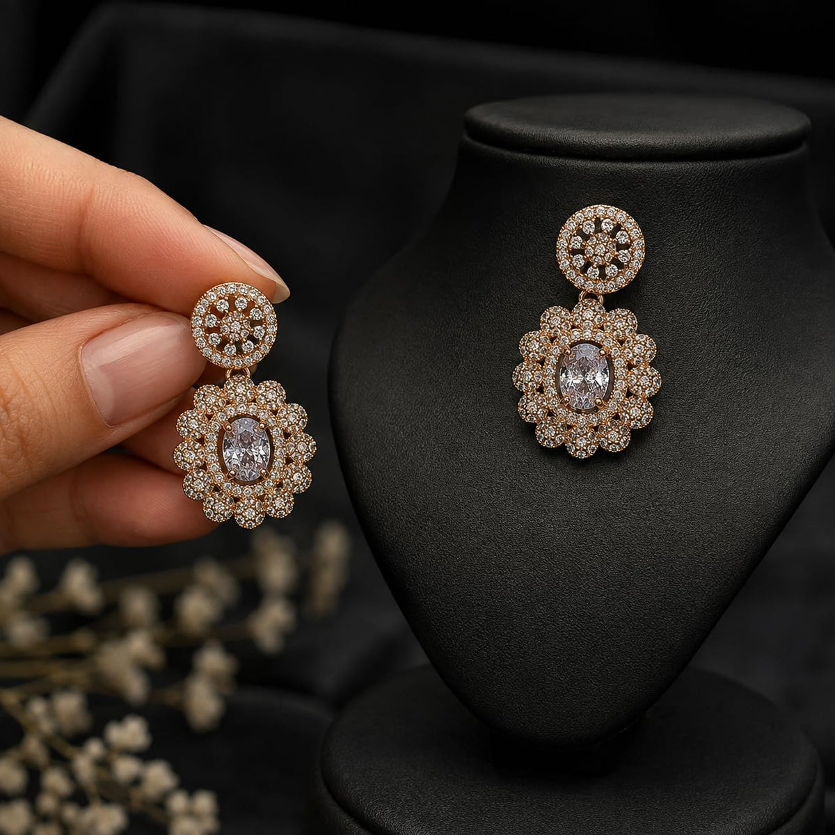 Women's Rose Gold-Tone White Stone Studded Necklace & Earrings Set | Floral Pendant Adjustable Chain Jewellery Set for Wedding, Party, Festive