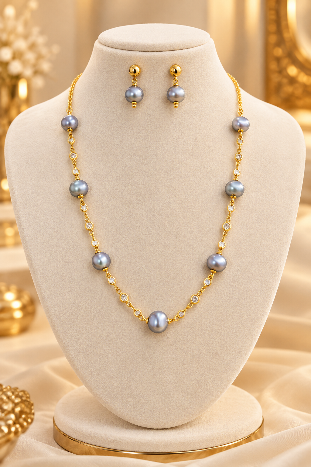 Women’s Gold Plated Grey Pearl & Crystal Necklace Set with Matching Earrings