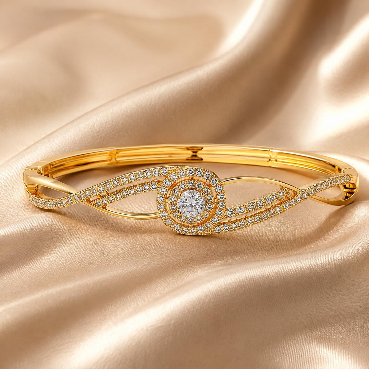 Women's Gold Tone Crystal Bangle Bracelet, Elegant Stone Studded Twisted Infinity Cuff Bracelet with Round Centre Stone, Fashion Jewellery Gift for Women