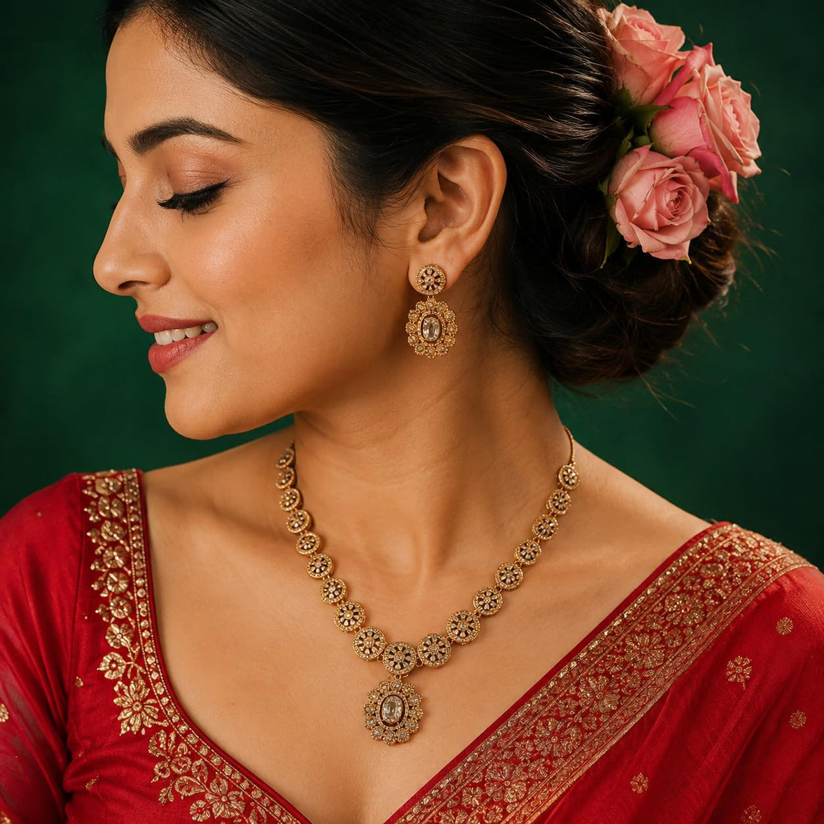 Women's Rose Gold-Tone White Stone Studded Necklace & Earrings Set | Floral Pendant Adjustable Chain Jewellery Set for Wedding, Party, Festive