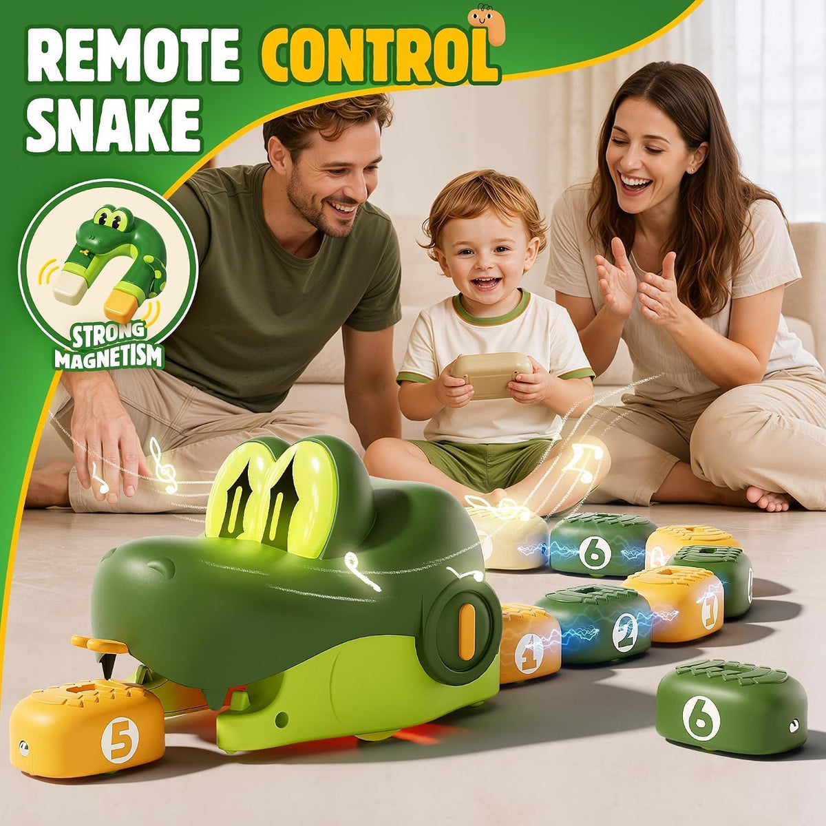 RC Magnetic Greedy Snake Toy for Kids, Remote Control Crawling Snake with Magnetic Connecting Segments, Rechargeable Interactive Toy