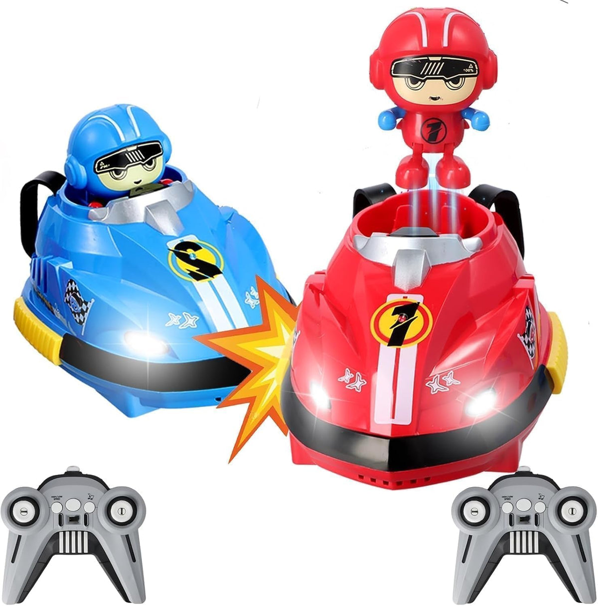 RC Bumper Car Set of 2 with Remote Control & Jump-Out Figures | Dual Speed Modes, 360° Spinning, Lights & Sounds | 2 Player RC Bumper Car Game for Kids
