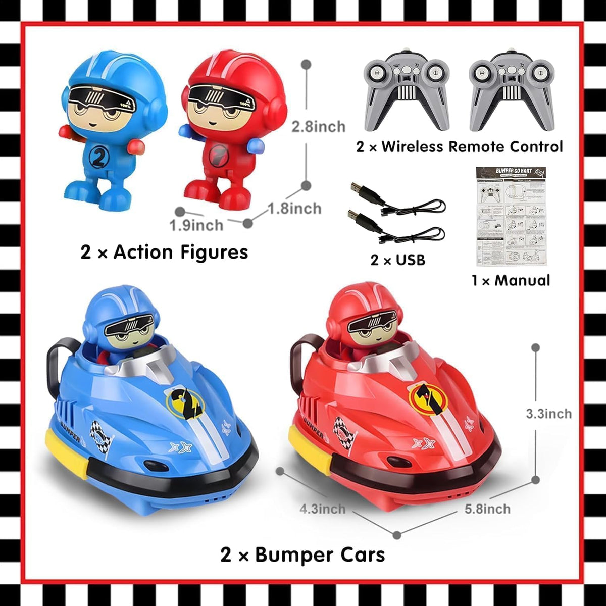 RC Bumper Car Set of 2 with Remote Control & Jump-Out Figures | Dual Speed Modes, 360° Spinning, Lights & Sounds | 2 Player RC Bumper Car Game for Kids