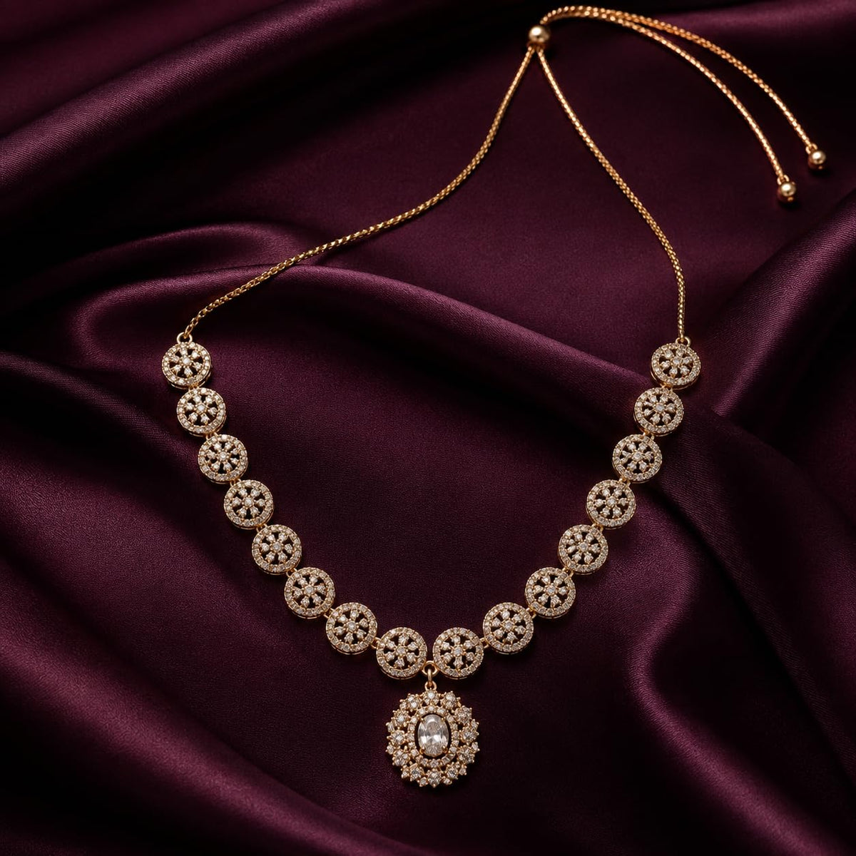 Women's Rose Gold-Tone White Stone Studded Necklace & Earrings Set | Floral Pendant Adjustable Chain Jewellery Set for Wedding, Party, Festive