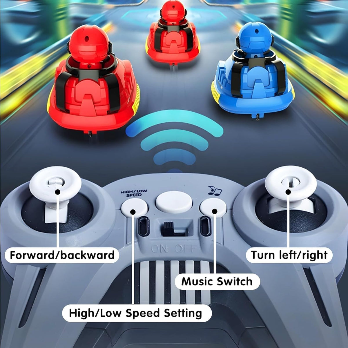 RC Bumper Car Set of 2 with Remote Control & Jump-Out Figures | Dual Speed Modes, 360° Spinning, Lights & Sounds | 2 Player RC Bumper Car Game for Kids