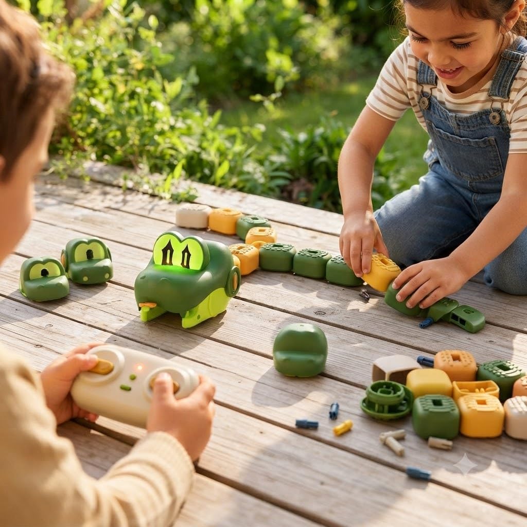 RC Magnetic Greedy Snake Toy for Kids, Remote Control Crawling Snake with Magnetic Connecting Segments, Rechargeable Interactive Toy