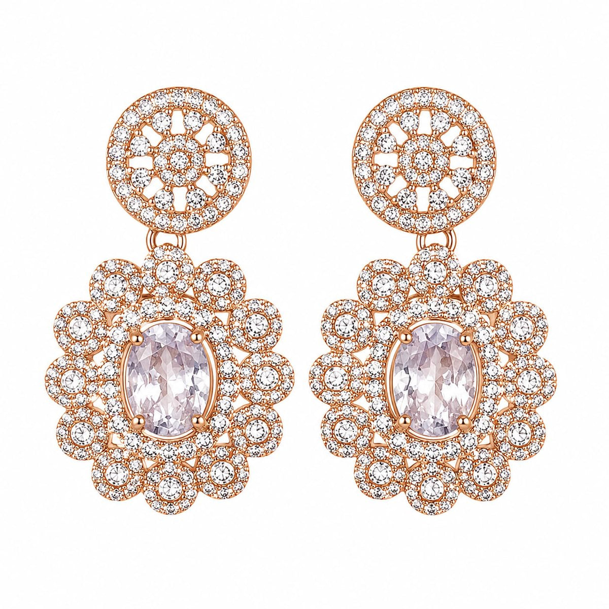 Women's Rose Gold-Tone White Stone Studded Necklace & Earrings Set | Floral Pendant Adjustable Chain Jewellery Set for Wedding, Party, Festive