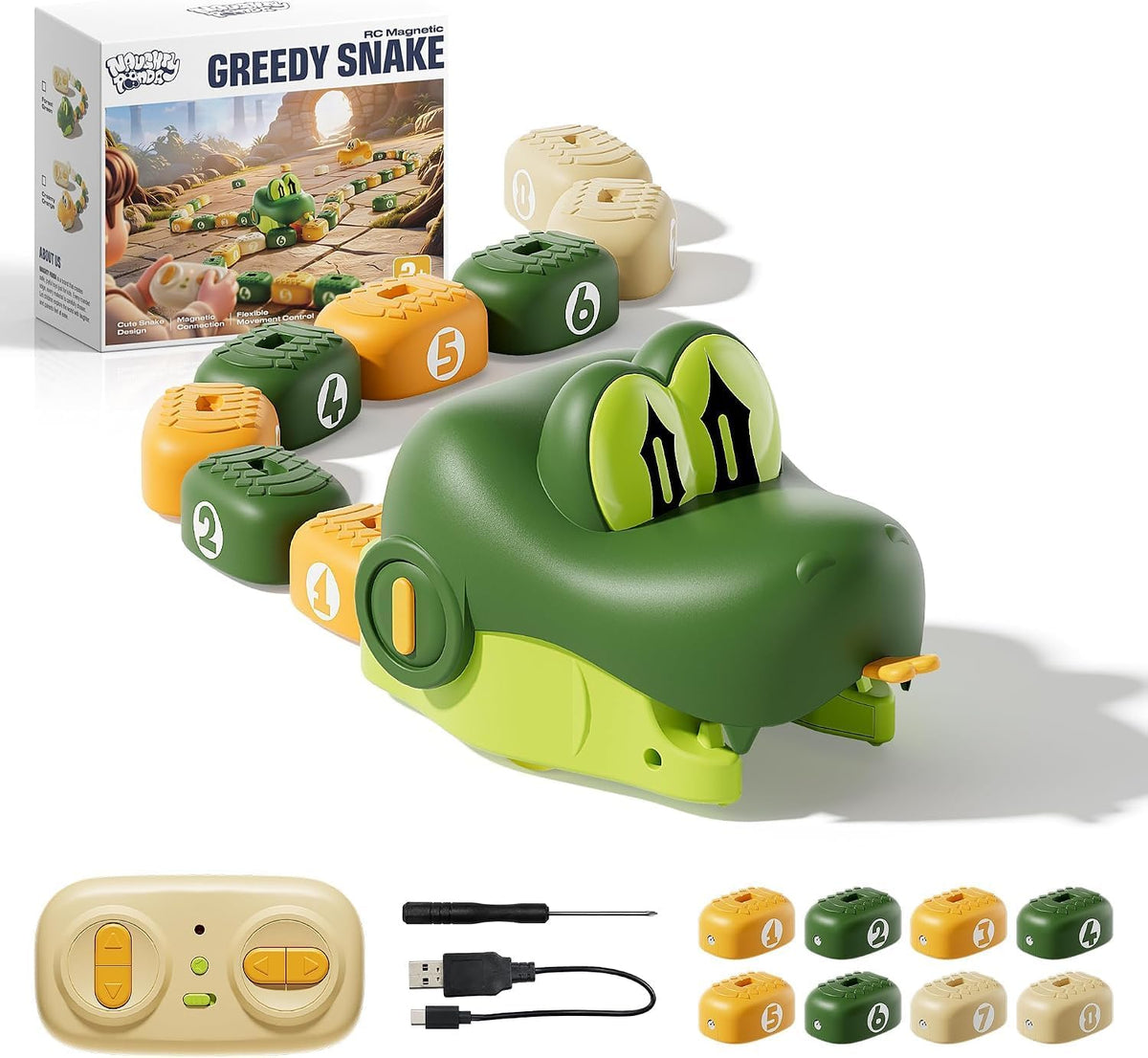 RC Magnetic Greedy Snake Toy for Kids, Remote Control Crawling Snake with Magnetic Connecting Segments, Rechargeable Interactive Toy