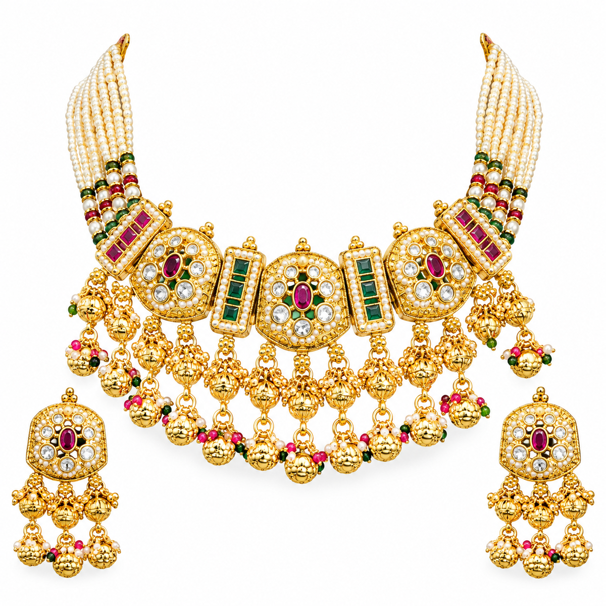 Traditional Gold Tone Pearl Necklace Set with Green and Ruby Pink Stones for Women