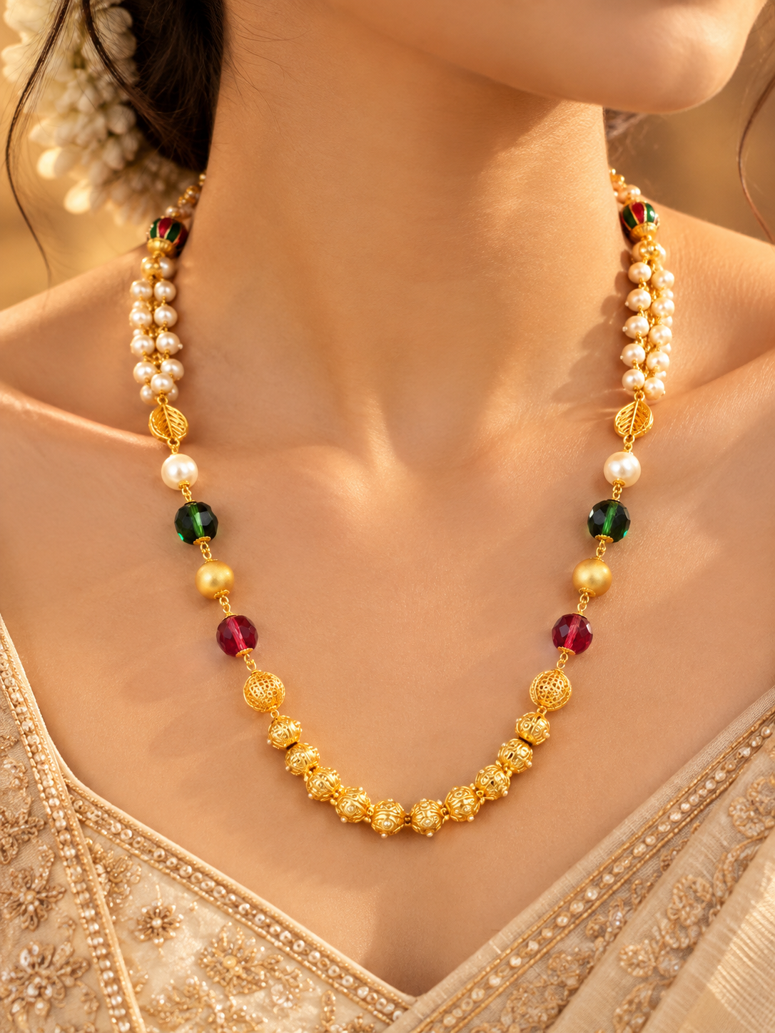 Traditional Long Beaded Necklace Set with Pearl Beads and Matching Jhumka Earrings for Women