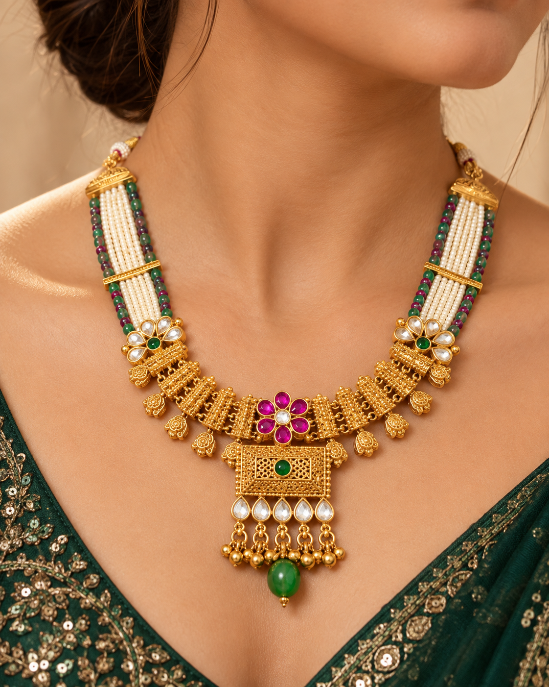 Traditional Pearl Necklace Set with Green Pink Stones and Jhumka Earrings for Women